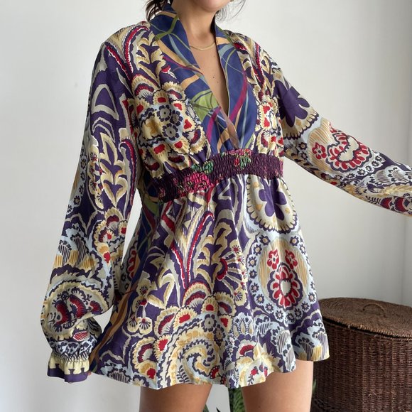 Johnny Was 100% silk floral print smock waist tunic top L - Picture 4 of 10